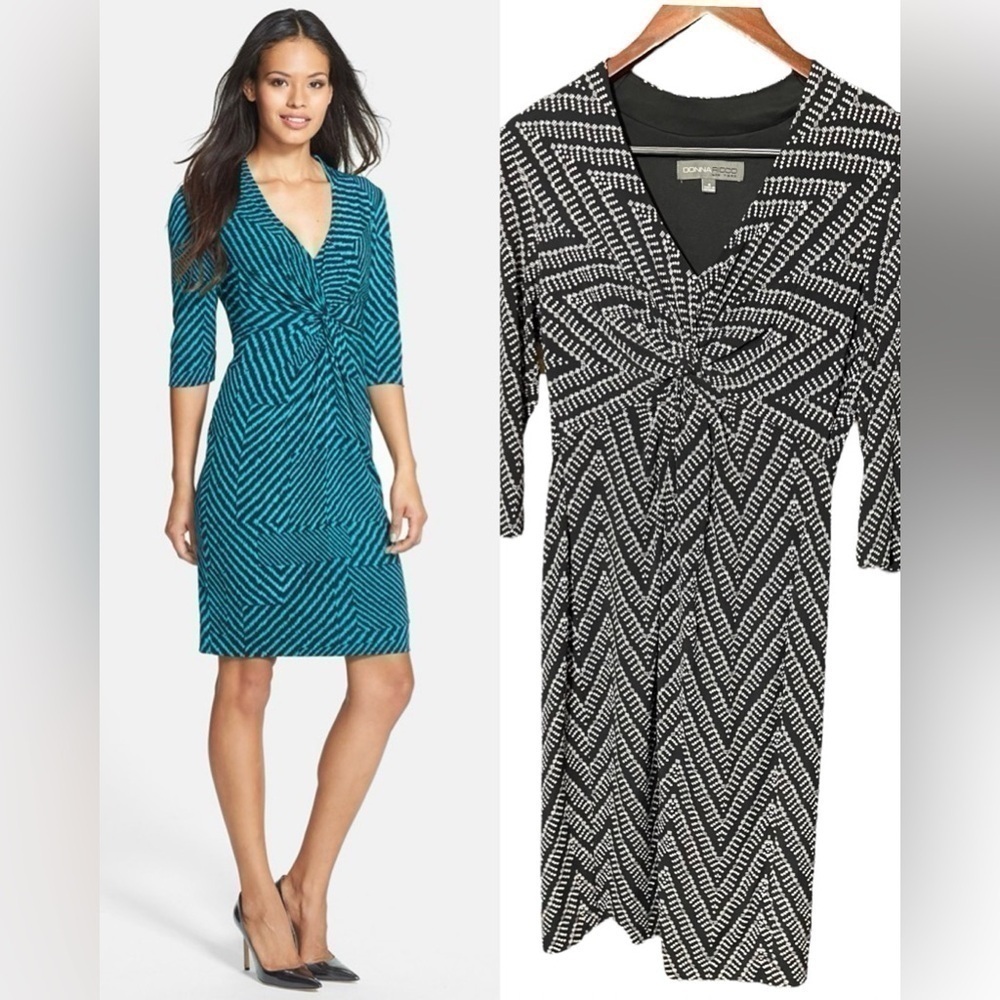 Donna Ricco NY V Neck Empire Waist Sheath Dress Black White Print Women’s Size 6